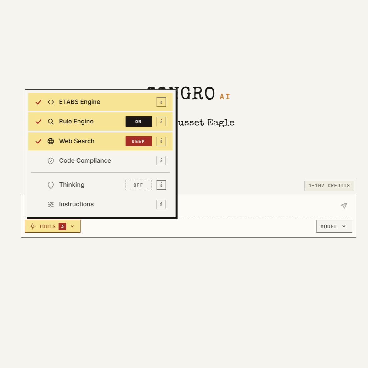 ConGro AI tools dropdown with toggles for ETABS Engine, Rule Engine (ON), Web Search (DEEP), Code Compliance, and Instructions — three active checkmarks shown