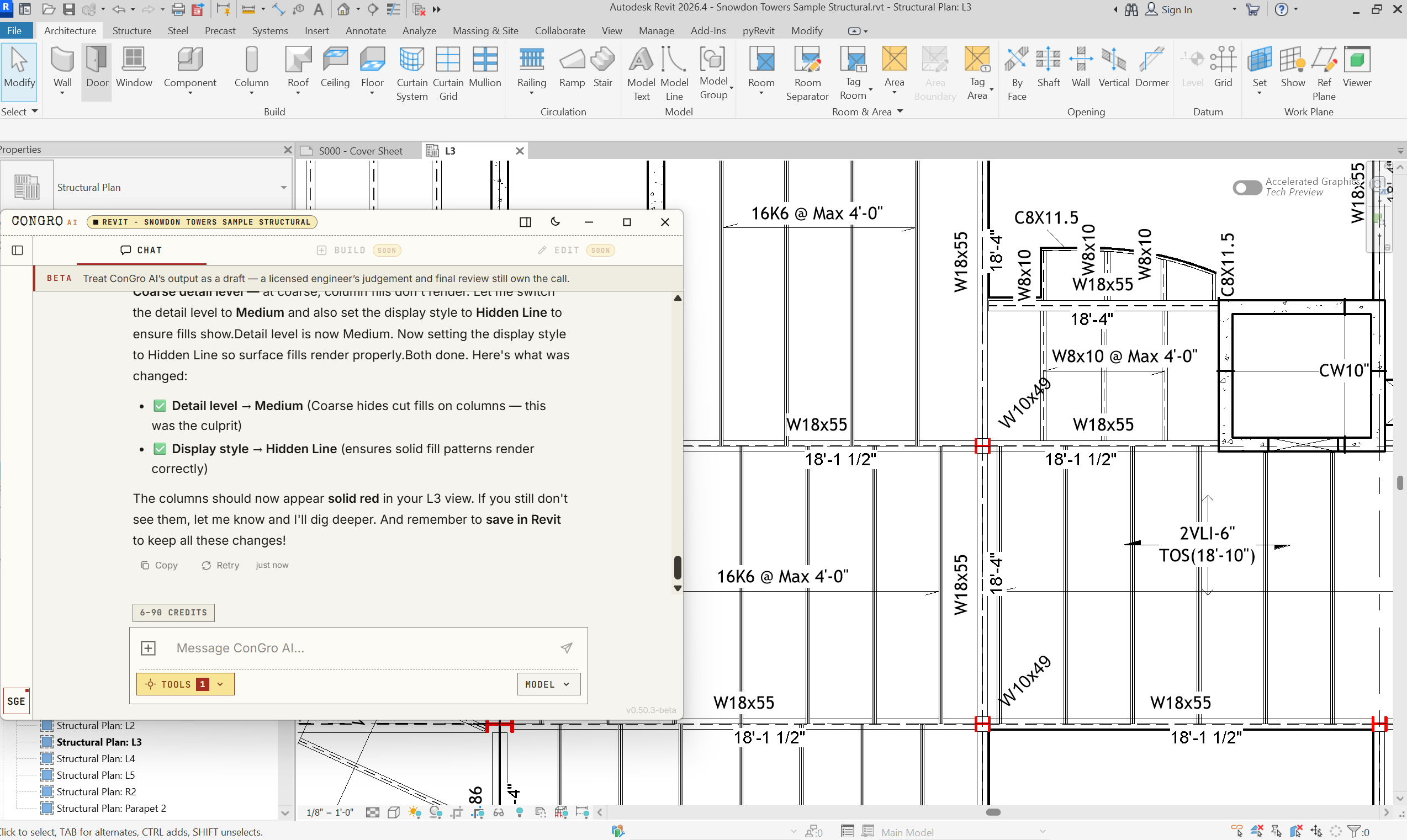 ConGro AI inside Revit setting a view detail level to Medium and display style to Hidden Line so structural columns render as solid red, with an explanation of why each setting was changed