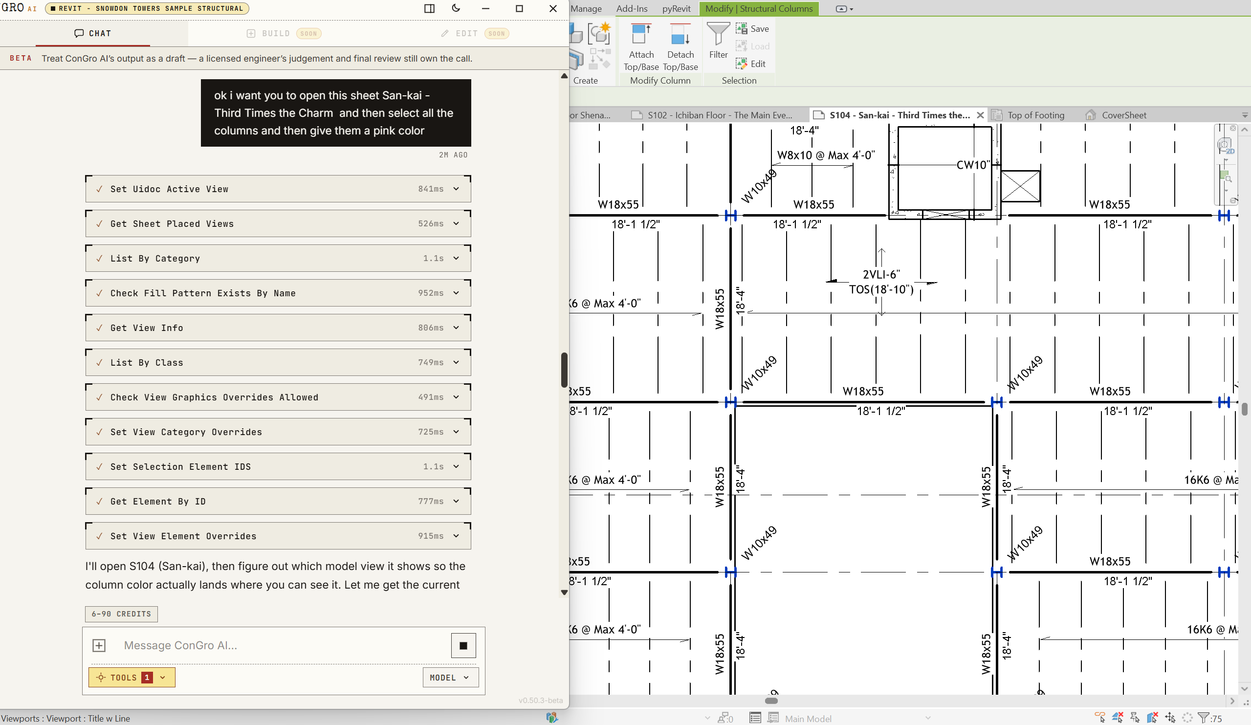 ConGro AI inside Revit opening a sheet, reading its placed views, and selecting every structural column across the framing plan ready for a graphics override
