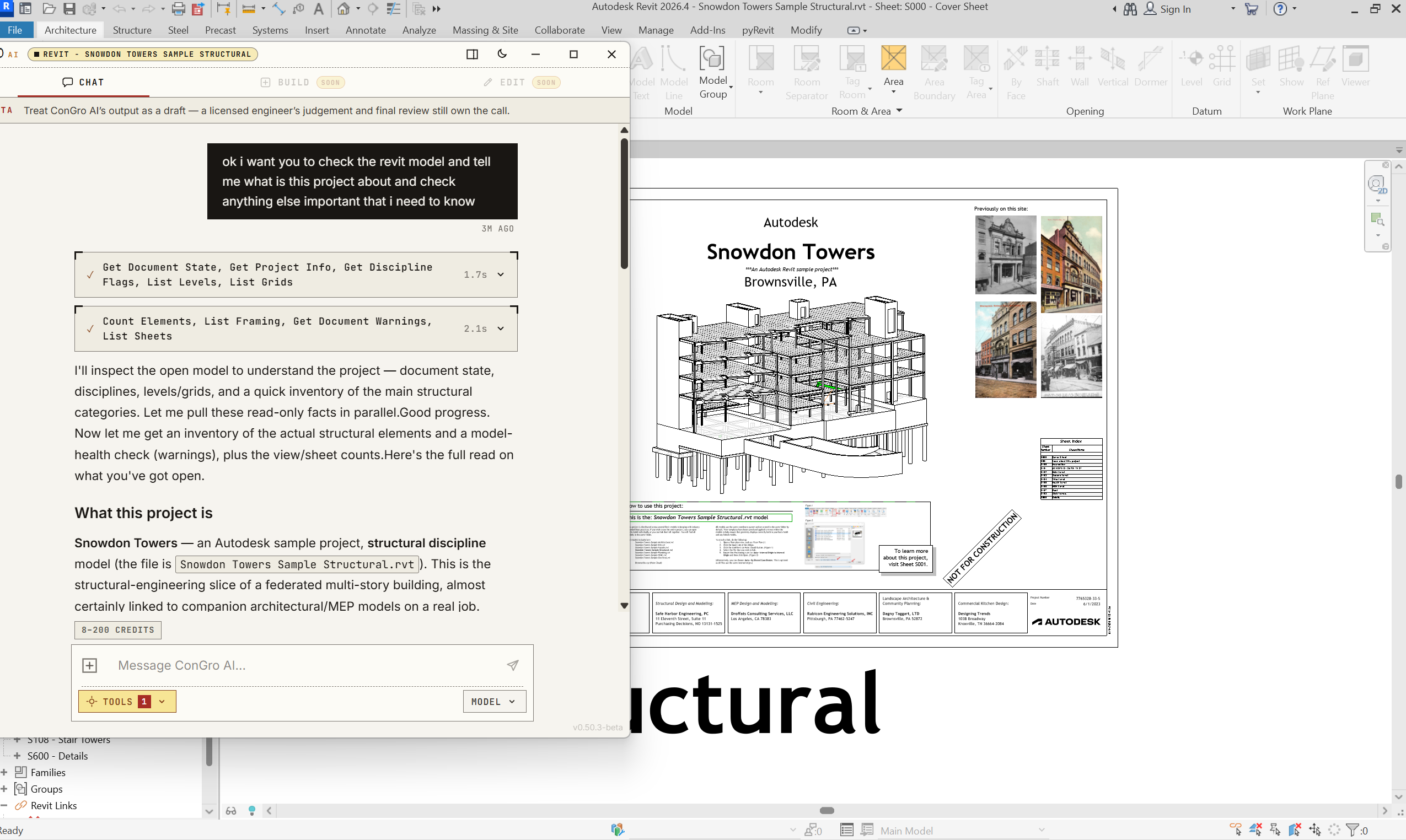 ConGro AI desktop app docked inside Autodesk Revit on the Snowdon Towers structural project: the chat panel runs read-only checks (document state, levels, grids, framing, warnings, sheets) and explains what the project is, while the Revit viewport shows the building cover sheet