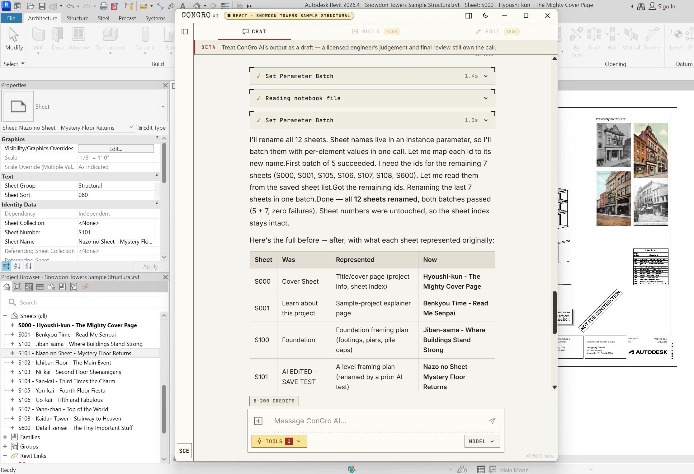 ConGro AI inside Revit batch-renaming all 12 sheets of the Snowdon Towers project in one go, with a before/after table of sheet numbers and new names and a confirmation that both batches passed